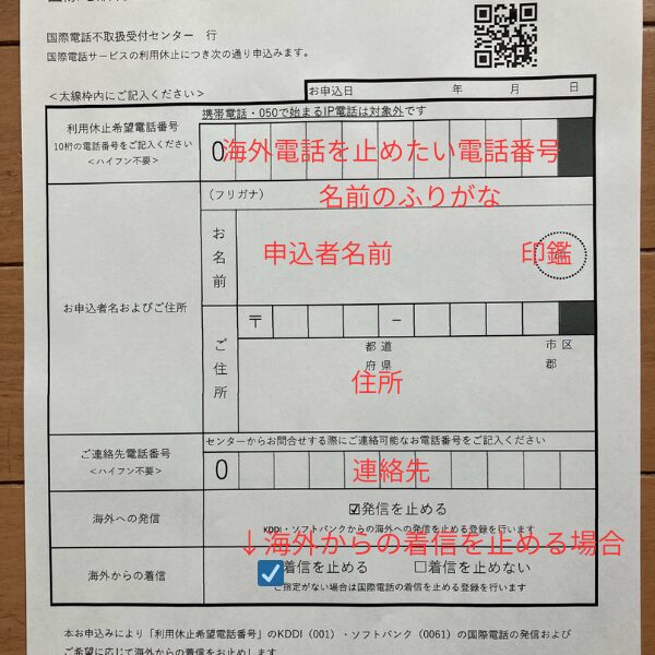 国際電話休止届書類