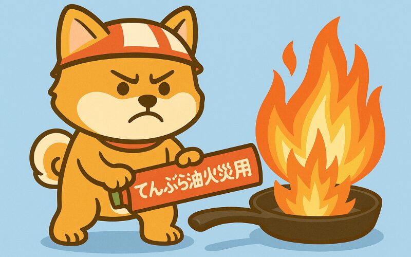 柴犬が天ぷら油用消火剤で火を消そうとしている所
