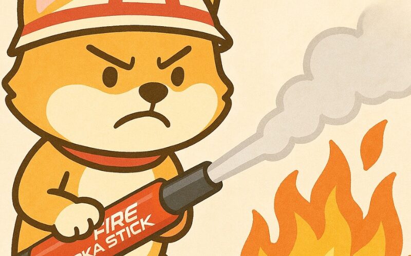 柴犬がFIRE SHOKA STICKで火を消そうとしているイラスト