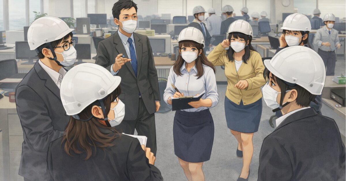 オフィスの火災訓練の様子