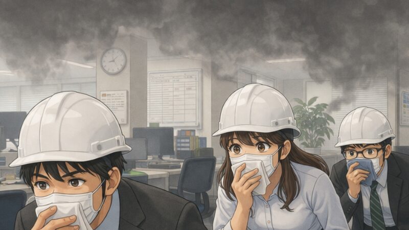身を低くし、マスクで口を押えて避難する人々