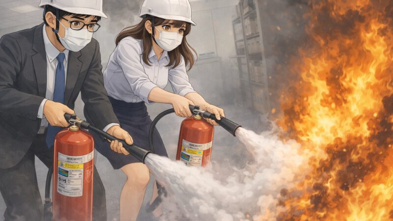 消火器を火元に向けて噴射する男性と女性