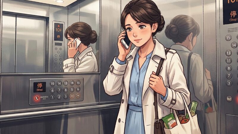 エレベーター内から外部へ連絡をとる女性