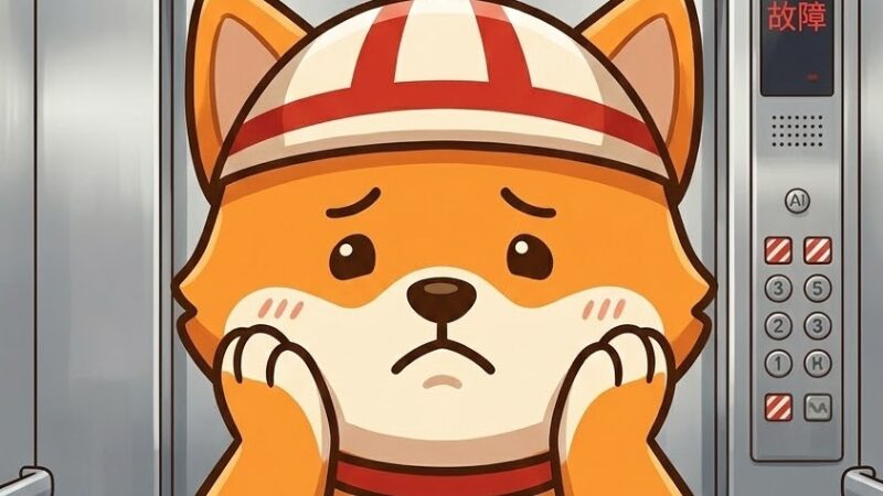 エレベーター内で困った顔をしている犬