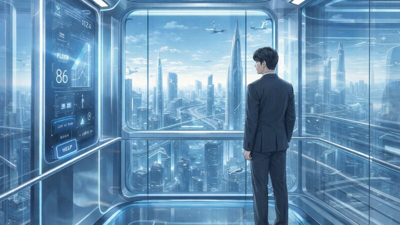 近未来のエレベーターと思しきものに乗る男性