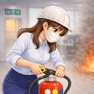 消火器の安全ピンを外そうとしている女性