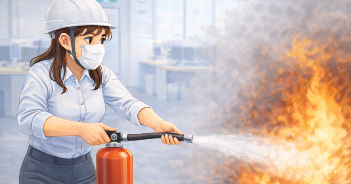 消火器で火を消そうとしている女性