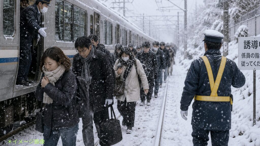 雪の中を避難する人々